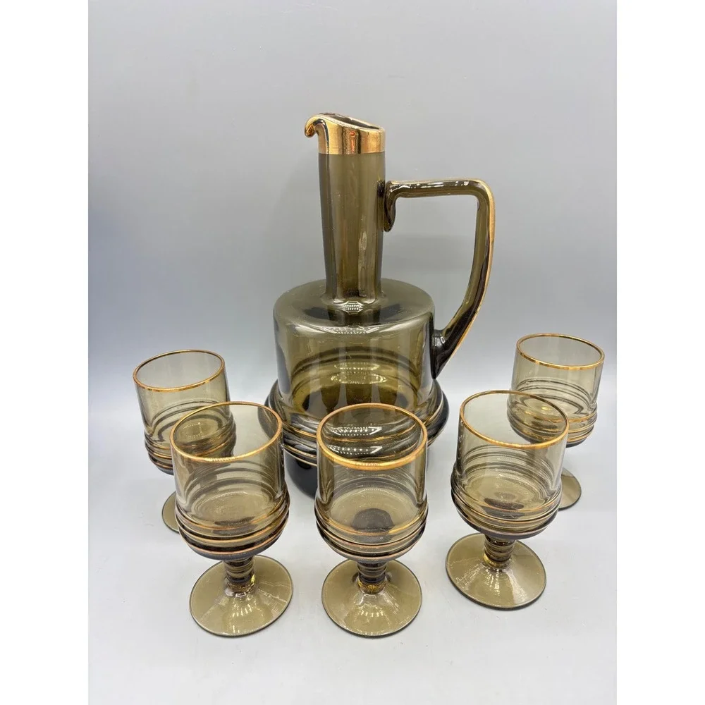 Vintage MCM Smoky Brown Glass Decanter Set Gold Rimmed 6 Cordial Glasses Barware